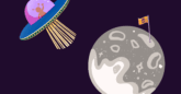 A cartoon illustration of a small alien inside a colourful flying saucer hovering near a grey moon-like planet with craters. A yellow-orange flag with a skull symbol is planted on the planet’s surface. The background is dark purple, representing outer space.